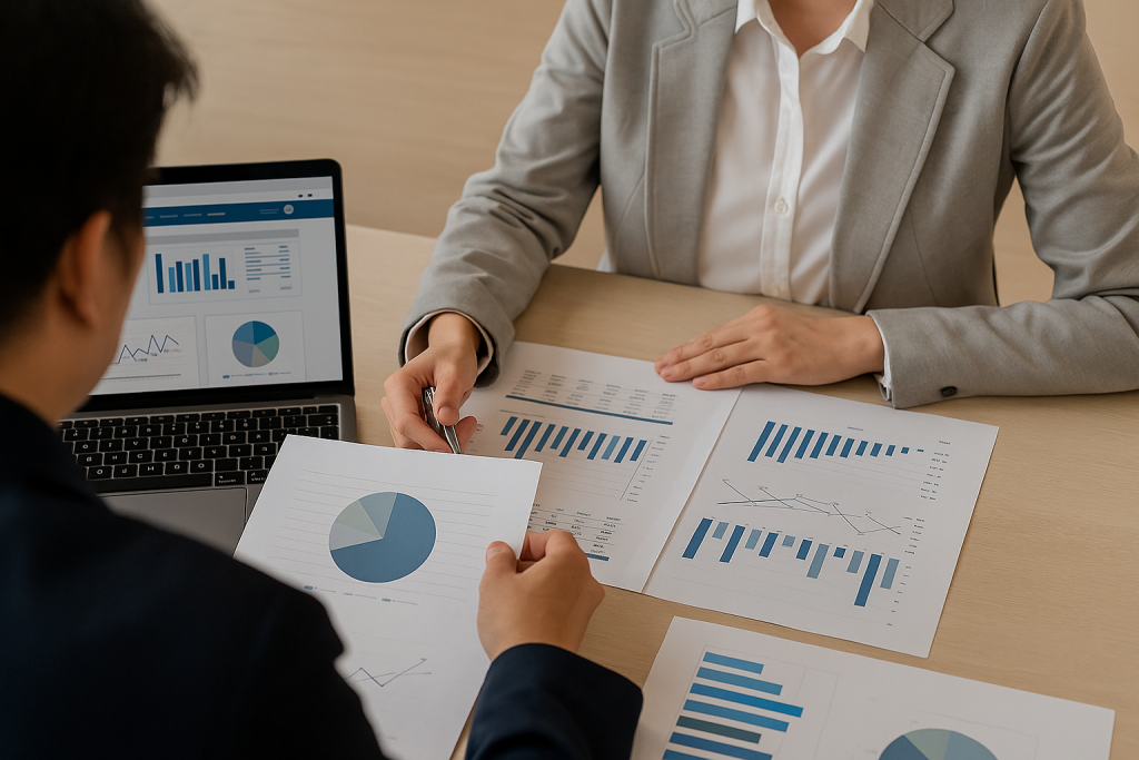 Accountant reviewing financial reports with a client