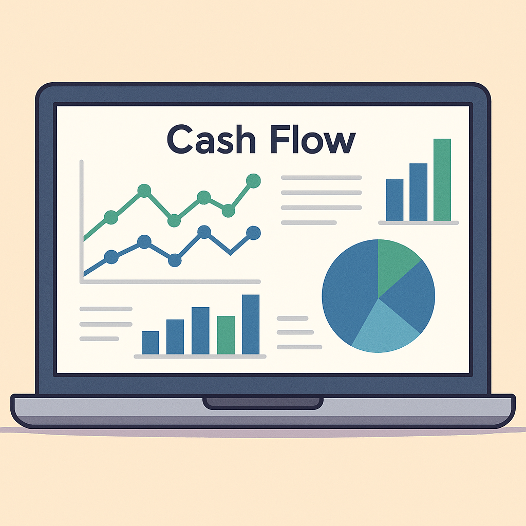 Cash flow forecast on screen showing business income and expenses.