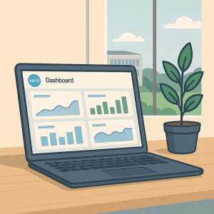 “Cartoon-style illustration of a laptop on a wooden desk displaying a Xero-like financial dashboard with graphs and charts, next to a green potted plant, with a office window view of trees and buildings in the background.