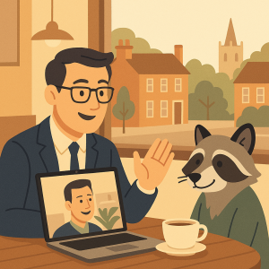 Cartoon-style illustration of an financial adviser a Surrey café having a video call with a client, with a friendly raccoon sitting at the table, a coffee cup nearby, and village buildings visible through the window in the background.
