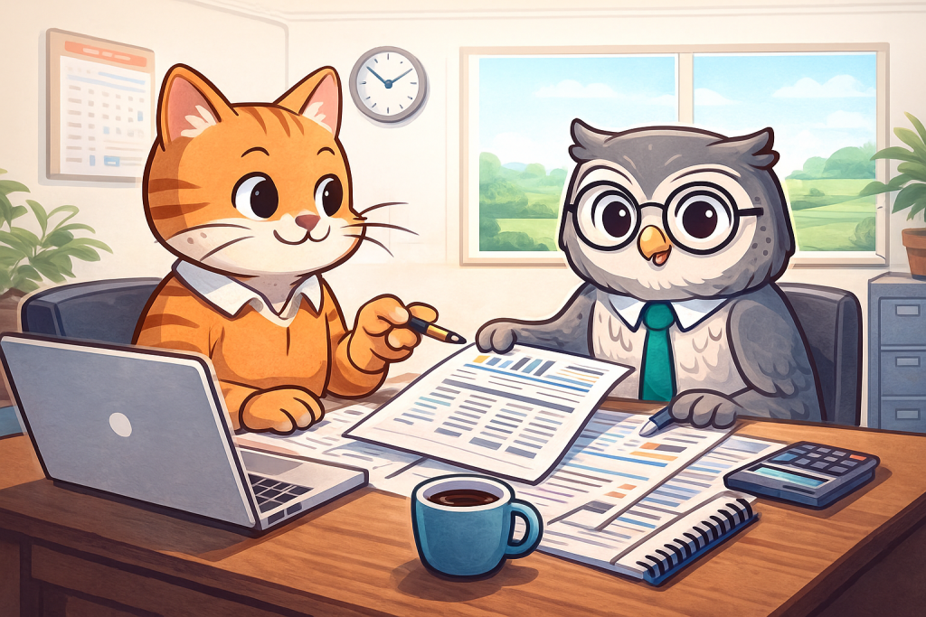 Cartoon-style illustration of a bear and a rabbit in professional clothing reviewing financial documents together at a desk, in a blue colour scheme matching Smart Accountants Sussex & Surrey branding