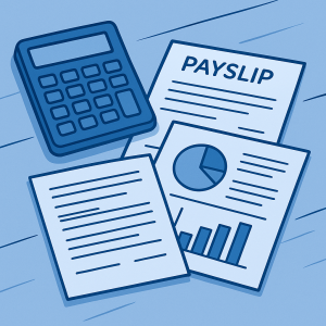 Cartoon-style blue illustration showing a Pre-Year-End Review usinga calculator, a payslip and financial charts on a desk, representing small business accounting and payroll documents