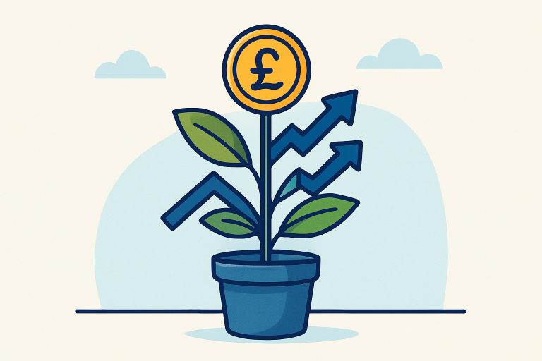 Cartoon-style illustration of a potted plant with green leaves and upward financial arrows, topped with a pound symbol coin, representing business growth