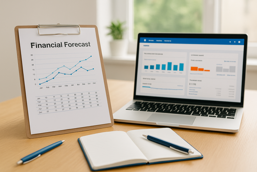 Laptop displaying Xero financial dashboard and a financial forecast document on a desk, symbolising advisory-level digital tax planning in Surre