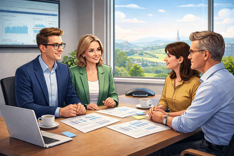 Business meeting with scenic background.