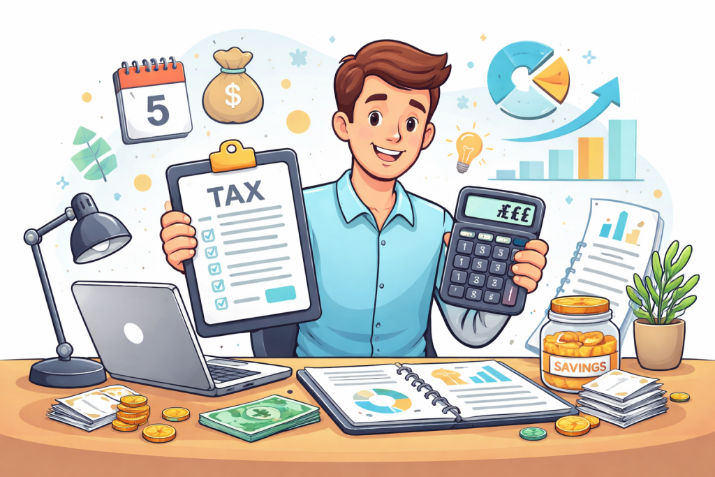 cartoon sole trader managing taxes and finances with calculator and checklist UK small business