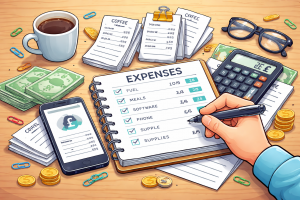 business expenses tracking illustration with receipts calculator and notebook for tax planning UK