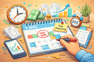 illustration of calendar with tax deadline and financial planning tools on desk