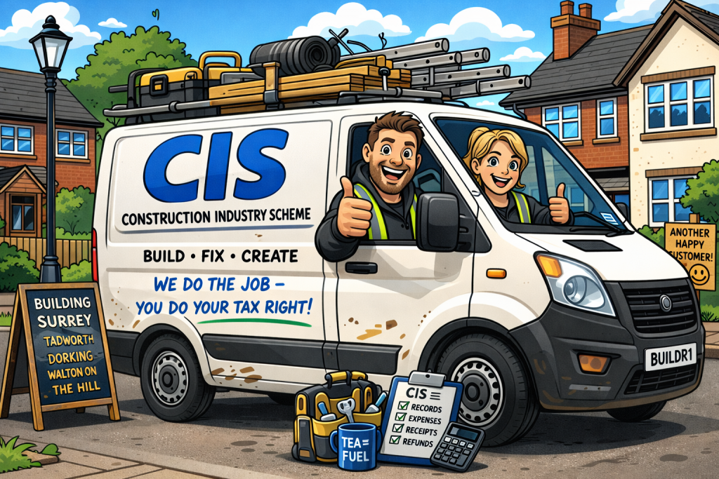 Cartoon illustration of builders in a van labelled CIS working in a residential Surrey area
