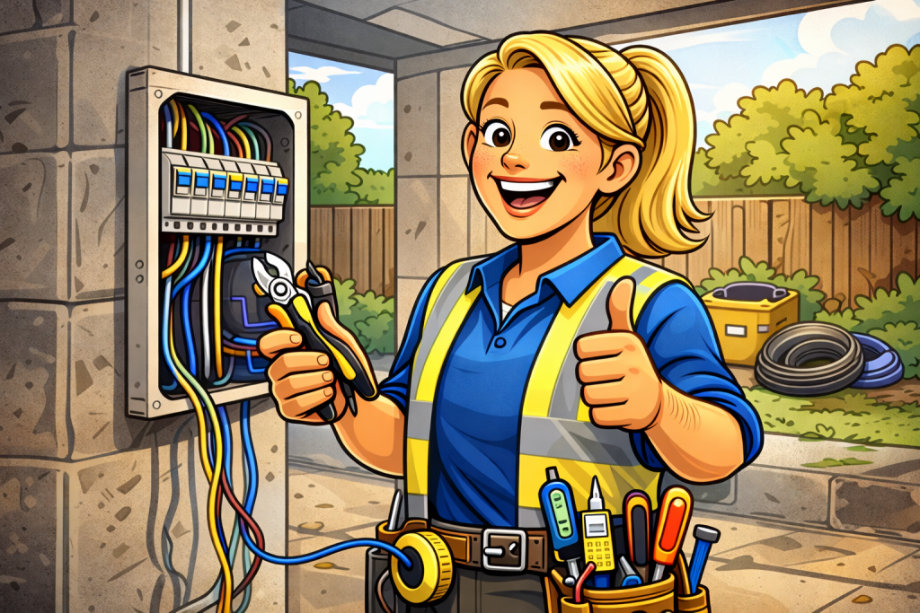 Cartoon builders working under the CIS for builders scheme on a residential construction job