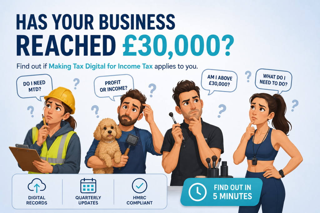 Illustration of self-employed business owners wondering whether the £30,000 Making Tax Digital threshold applies to them