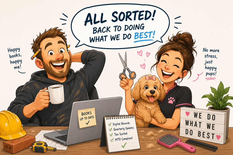 Cartoon illustration of a builder and dog groomer confidently getting back to work after sorting their Making Tax Digital requirements.