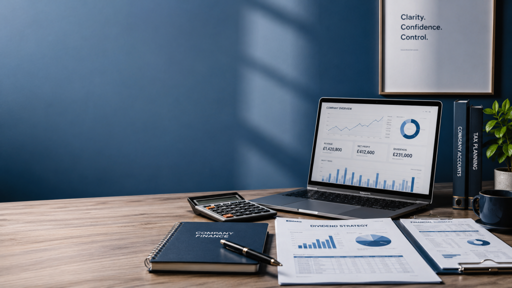 Company finance workspace showing dividend planning, business accounts and tax figures for a limited company