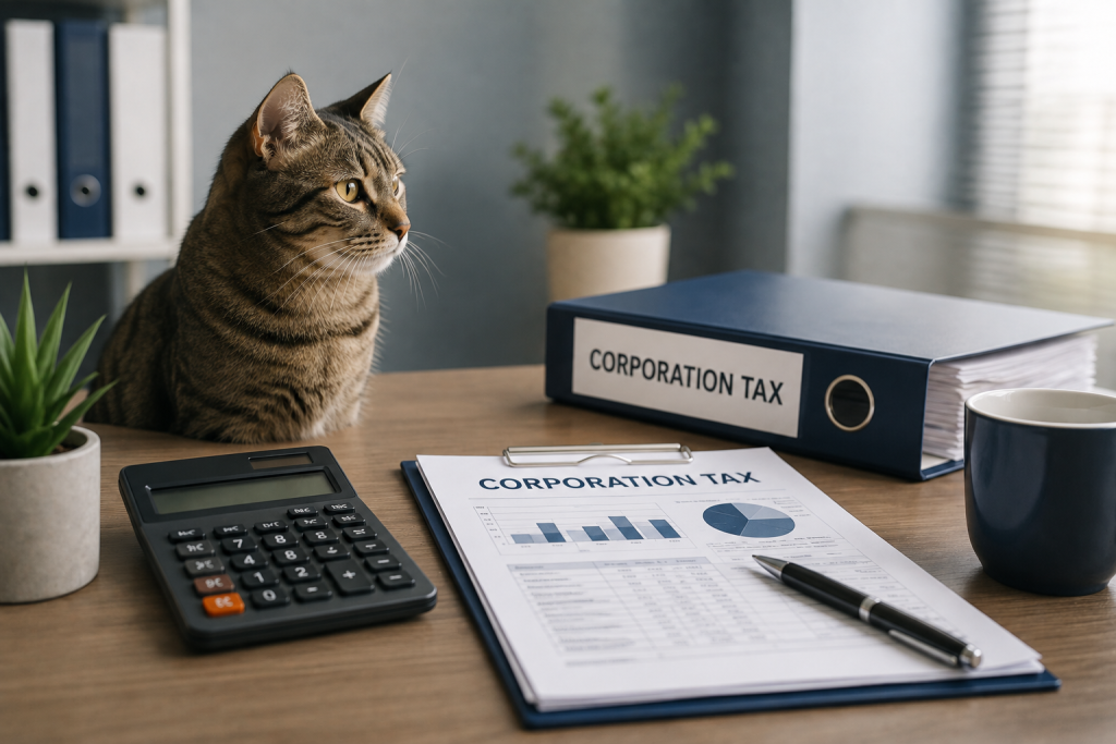 Business owner reviewing Corporation Tax documents, calculator and financial reports in a modern office workspace.