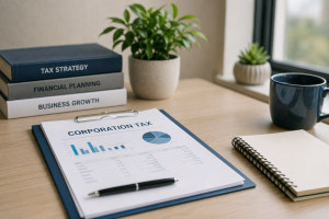 Tax planning documents and financial strategy books illustrating Corporation Tax planning for UK limited companies.