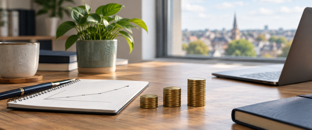 Three increasing stacks of coins beside a notebook, illustrating limited company dividends and steady business growth.
