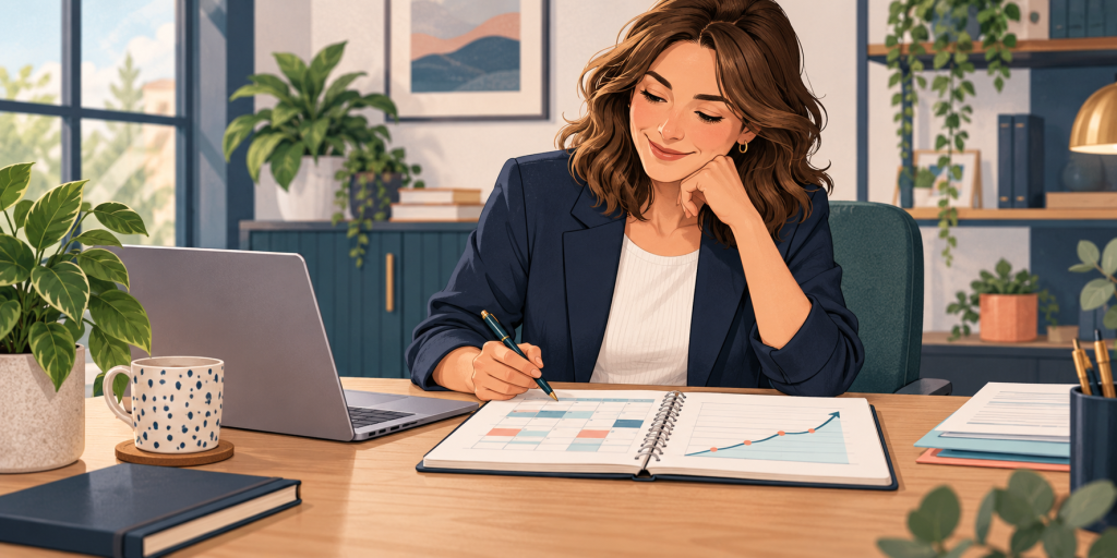 Illustration of a woman company director reviewing a monthly plan and business finances.